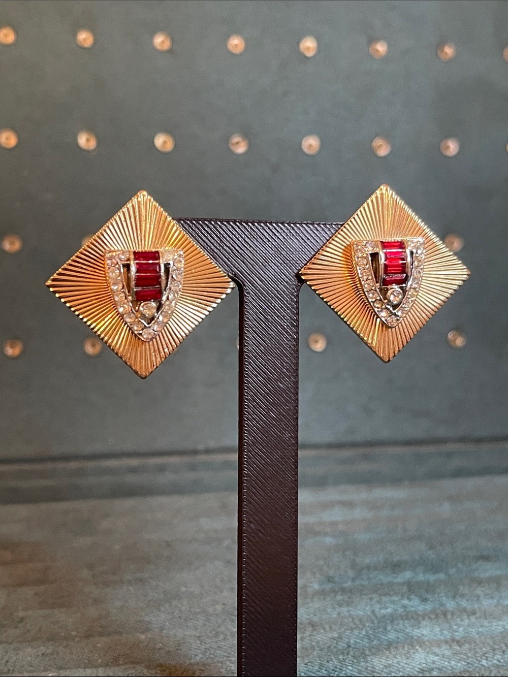 1940’s Coro Art Deco Revival Red & Clear Rhinestone Clip On Earrings